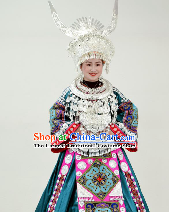 Chinese Miao Nationality Festival Clothing Hmong Minority Performance Blue Dress Ethnic Dance Garment Outfits and Silver Hat