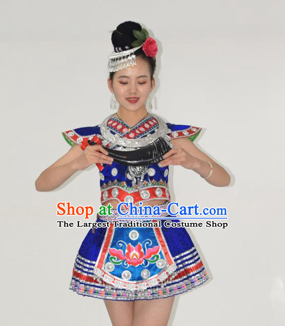 Chinese Ethnic Garment Dong Nationality Stage Performance Clothing Miao Minority Dance Royalblue Short Dress Outfits and Headpieces