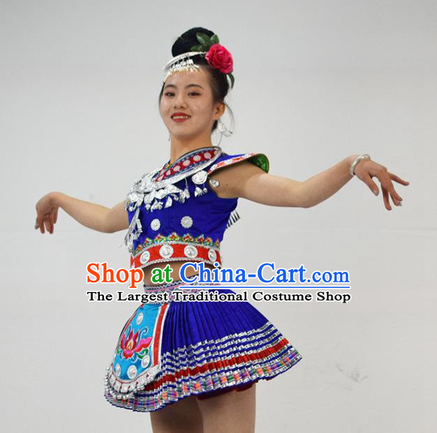 Chinese Ethnic Garment Dong Nationality Stage Performance Clothing Miao Minority Dance Royalblue Short Dress Outfits and Headpieces