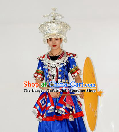 Chinese Ethnic Festival Garment Outfits Miao Nationality Clothing Hmong Minority Folk Dance Royalblue Dress and Headdress