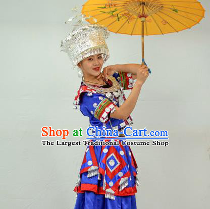 Chinese Ethnic Festival Garment Outfits Miao Nationality Clothing Hmong Minority Folk Dance Royalblue Dress and Headdress