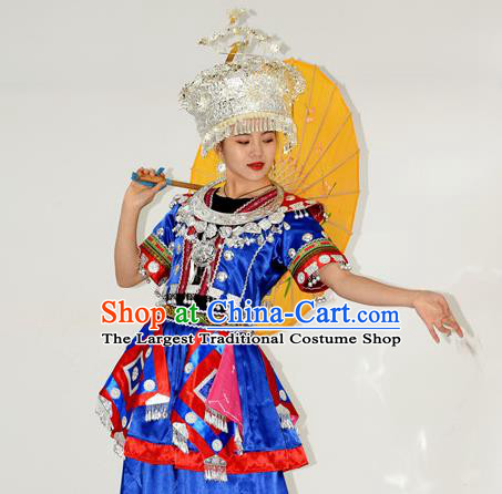 Chinese Ethnic Festival Garment Outfits Miao Nationality Clothing Hmong Minority Folk Dance Royalblue Dress and Headdress