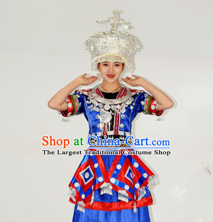 Chinese Ethnic Festival Garment Outfits Miao Nationality Clothing Hmong Minority Folk Dance Royalblue Dress and Headdress