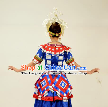 Chinese Ethnic Festival Garment Outfits Miao Nationality Clothing Hmong Minority Folk Dance Royalblue Dress and Headdress