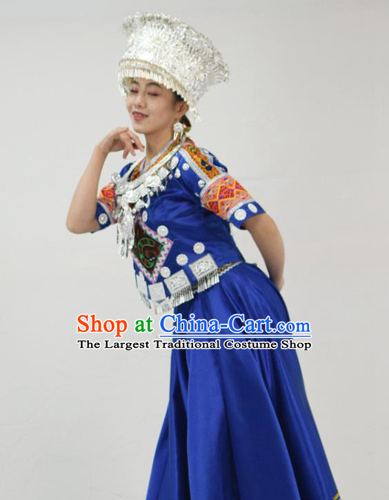 Chinese Hmong Minority Folk Dance Royalblue Dress Ethnic Festival Garment Outfits Miao Nationality Clothing and Headwear