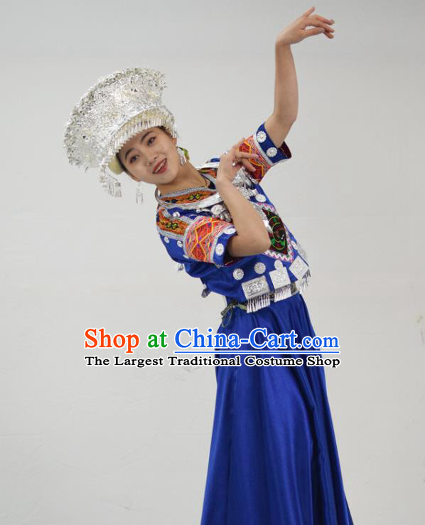 Chinese Hmong Minority Folk Dance Royalblue Dress Ethnic Festival Garment Outfits Miao Nationality Clothing and Headwear