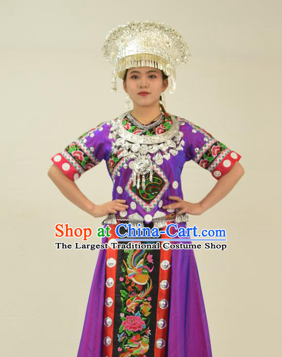 Chinese Miao Nationality Clothing Hmong Minority Folk Dance Purple Dress Ethnic Festival Garment Outfits and Headwear