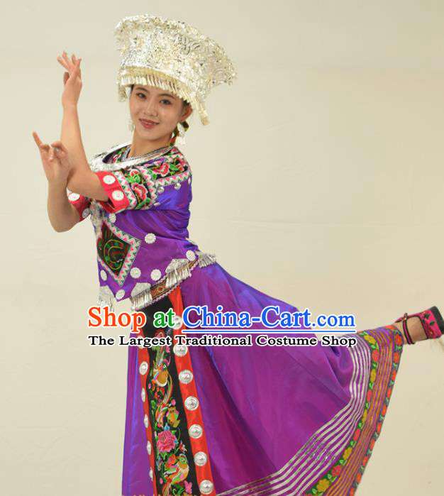 Chinese Miao Nationality Clothing Hmong Minority Folk Dance Purple Dress Ethnic Festival Garment Outfits and Headwear