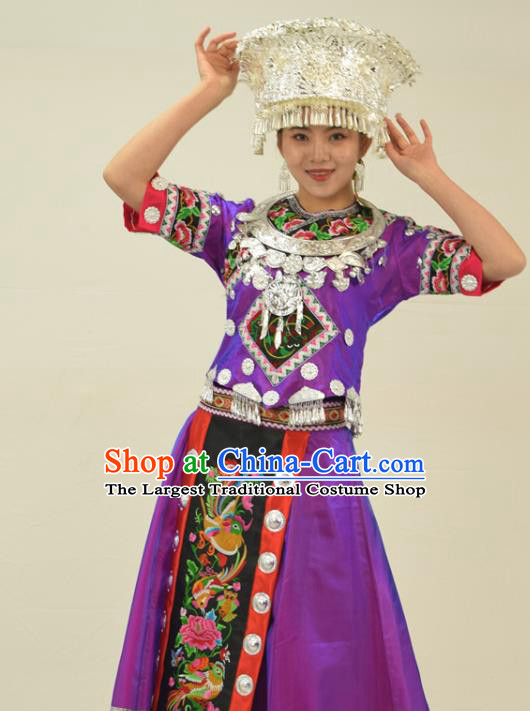 Chinese Miao Nationality Clothing Hmong Minority Folk Dance Purple Dress Ethnic Festival Garment Outfits and Headwear
