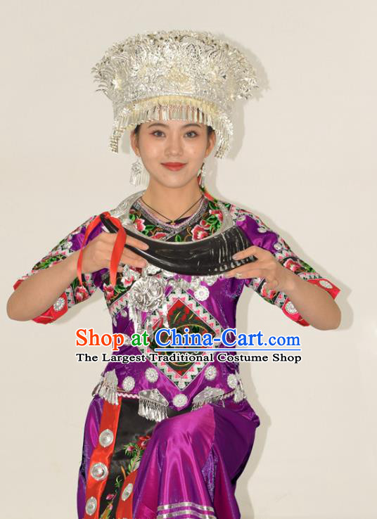 Chinese Miao Nationality Clothing Hmong Minority Folk Dance Purple Dress Ethnic Festival Garment Outfits and Headwear
