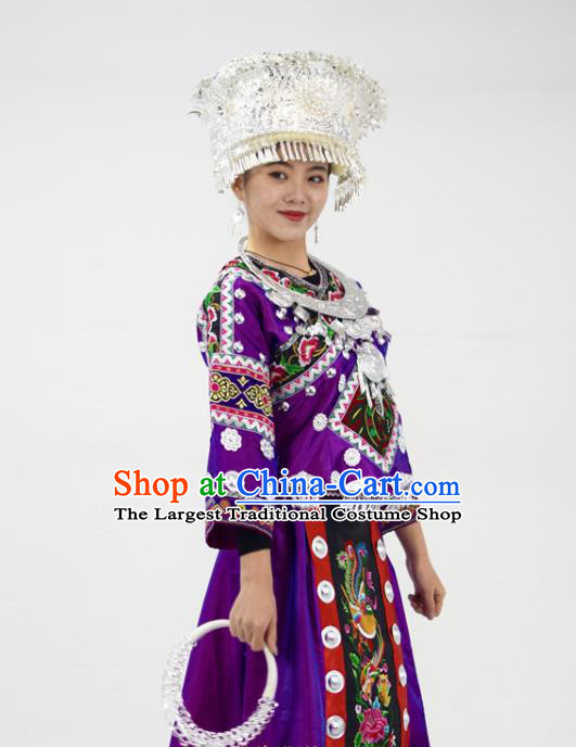 Chinese Ethnic Festival Garment Outfits Miao Nationality Clothing Hmong Minority Folk Dance Purple Dress and Silver Jewelry