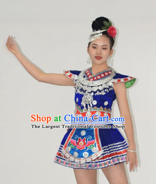 Chinese Ethnic Garment Dong Nationality Stage Performance Clothing Miao Minority Dance Royalblue Short Dress Outfits and Headpieces