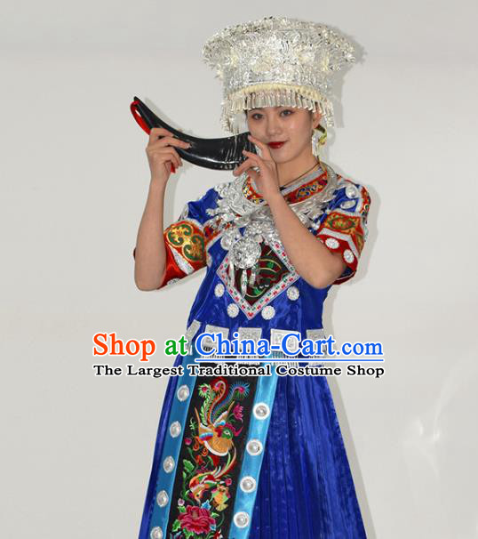 Chinese Hmong Minority Folk Dance Royalblue Dress Ethnic Festival Garment Outfits Miao Nationality Clothing and Silver Headwear