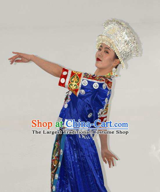 Chinese Hmong Minority Folk Dance Royalblue Dress Ethnic Festival Garment Outfits Miao Nationality Clothing and Silver Headwear