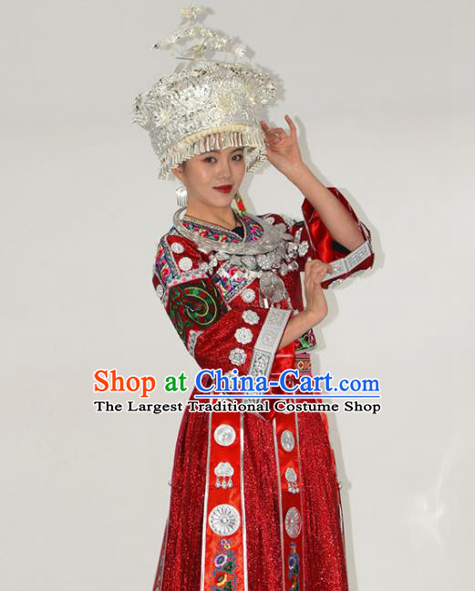 Chinese Miao Nationality Bride Clothing Hmong Minority Red Dress Ethnic Wedding Garment Outfits and Silver Hat