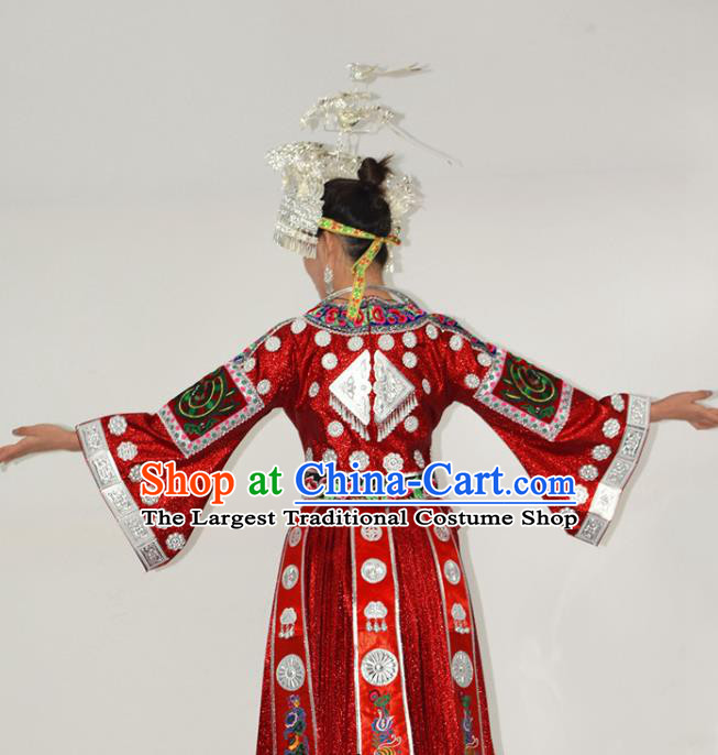 Chinese Miao Nationality Bride Clothing Hmong Minority Red Dress Ethnic Wedding Garment Outfits and Silver Hat