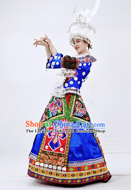 Chinese Ethnic Festival Garment Outfits Miao Nationality Bride Clothing Hmong Minority Royalblue Dress and Silver Headdress