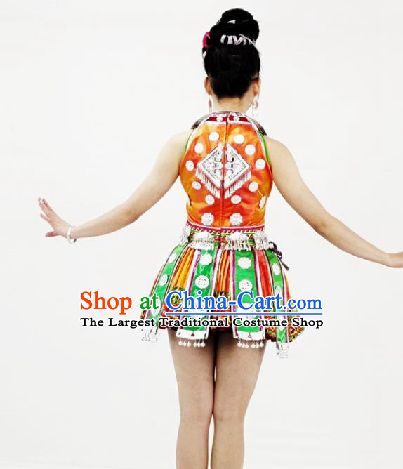 Chinese Ethnic Folk Dance Garment Outfits Yi Nationality Performance Clothing Tujia Minority Orange Short Dress