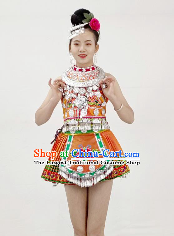 Chinese Ethnic Folk Dance Garment Outfits Yi Nationality Performance Clothing Tujia Minority Orange Short Dress