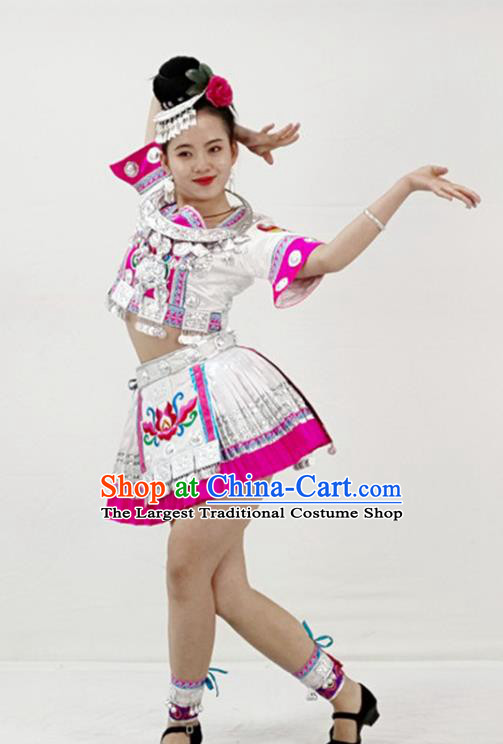 Chinese Tujia Minority White Short Dress Ethnic Folk Dance Garment Outfits Yi Nationality Performance Clothing