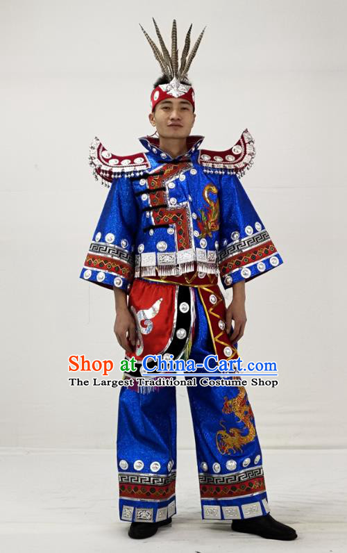 China Traditional Hmong Ethnic Male Dance Clothing Miao Nationality Festival Performance Blue Garment Costume and Feather Headwear