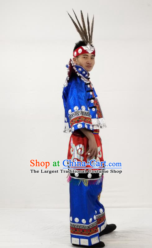 China Traditional Hmong Ethnic Male Dance Clothing Miao Nationality Festival Performance Blue Garment Costume and Feather Headwear