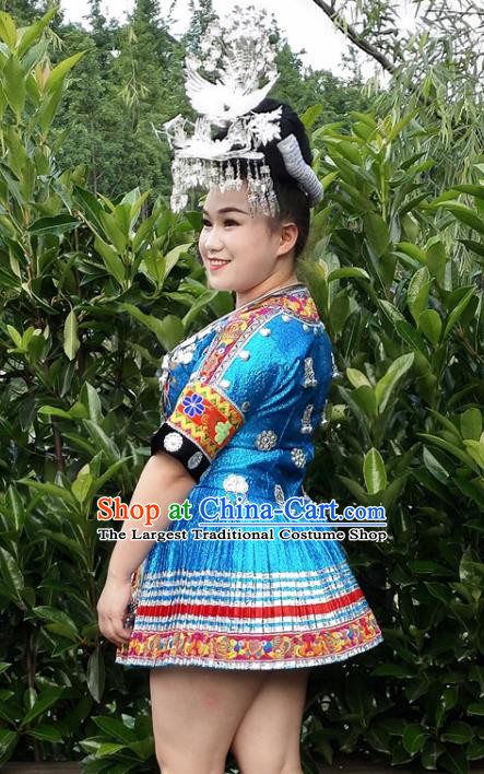 Chinese Xiangxi Minority Blue Short Dress Ethnic Folk Dance Garment Outfits Miao Nationality Performance Clothing