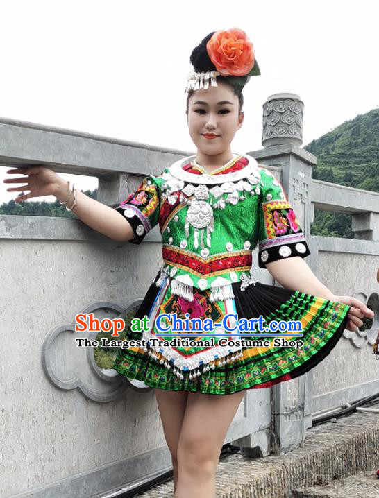 Chinese Miao Nationality Performance Clothing Xiangxi Minority Green Short Dress Ethnic Folk Dance Garment Outfits