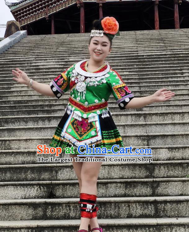 Chinese Miao Nationality Performance Clothing Xiangxi Minority Green Short Dress Ethnic Folk Dance Garment Outfits