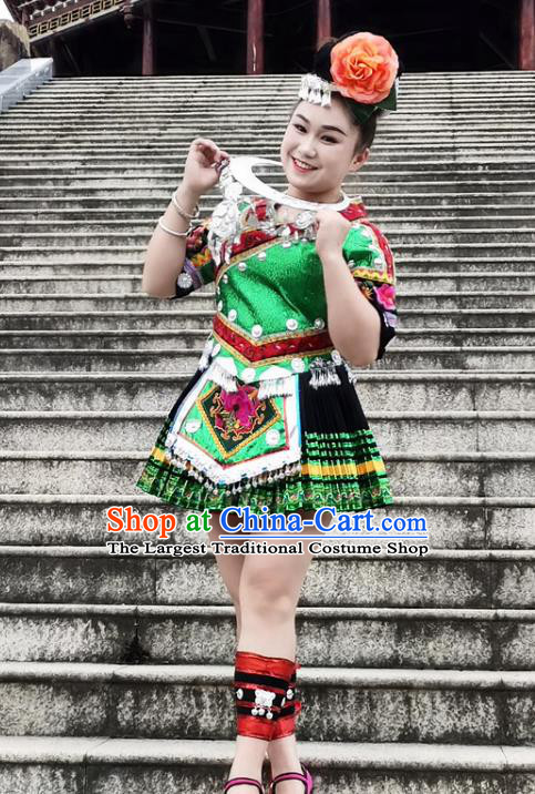 Chinese Miao Nationality Performance Clothing Xiangxi Minority Green Short Dress Ethnic Folk Dance Garment Outfits