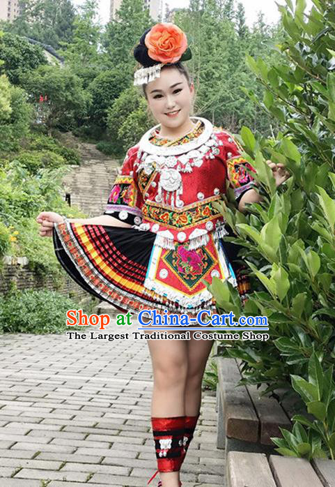Chinese Ethnic Folk Dance Garment Outfits Miao Nationality Performance Clothing Xiangxi Minority Red Short Dress