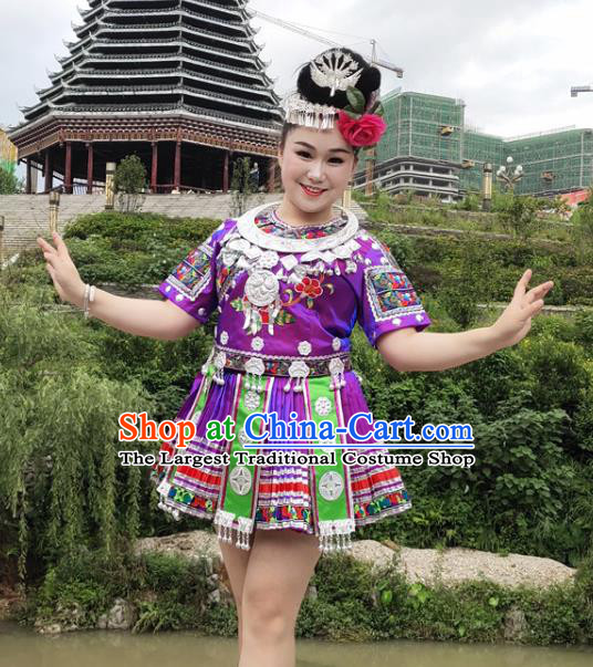 Chinese Hmong Minority Purple Short Dress Ethnic Folk Dance Garment Outfits Miao Nationality Performance Clothing