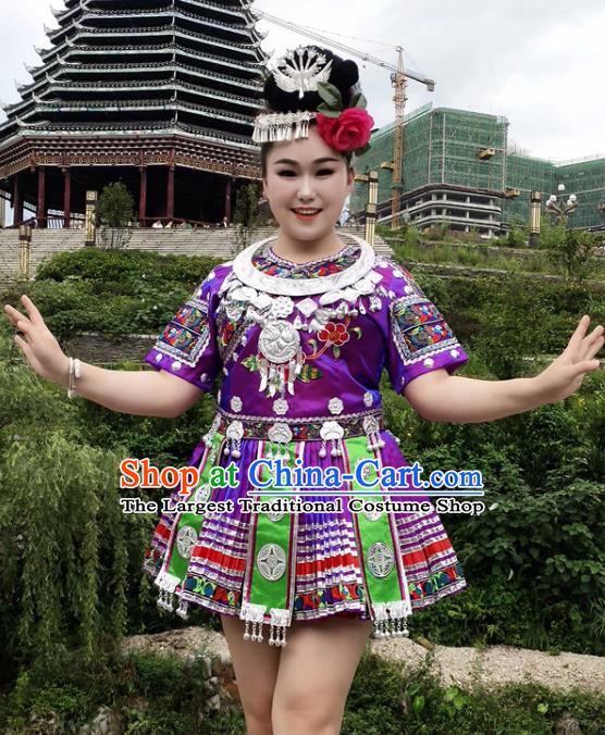 Chinese Hmong Minority Purple Short Dress Ethnic Folk Dance Garment Outfits Miao Nationality Performance Clothing