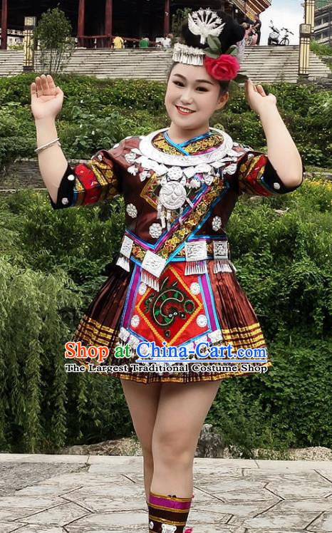 Chinese Miao Nationality Female Clothing Hmong Minority Brownish Red Short Dress Ethnic Stage Performance Garment Outfits
