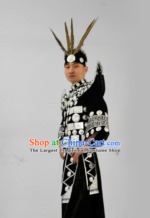 China Traditional Hmong Ethnic Male Festival Clothing Miao Nationality Stage Performance Garment Costume and Headwear