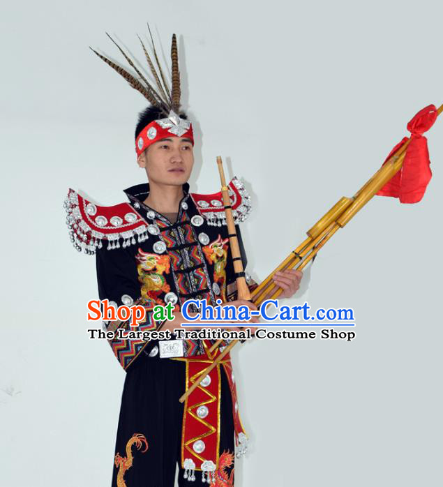 China Miao Nationality Festival Garment Costume Traditional Hmong Ethnic Male Performance Clothing and Headwear