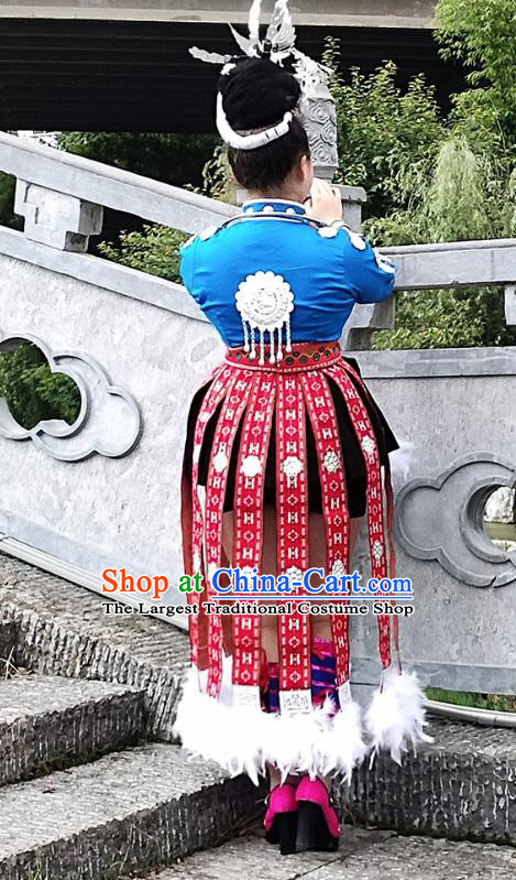 Chinese Miao Nationality Dance Clothing Hmong Minority Short Dress Guizhou Ethnic Performance Garment Outfits and Hair Accessories