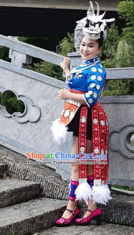 Chinese Miao Nationality Dance Clothing Hmong Minority Short Dress Guizhou Ethnic Performance Garment Outfits and Hair Accessories