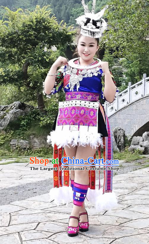 Chinese Guizhou Ethnic Performance Garment Outfits Miao Nationality Dance Clothing Hmong Minority Short Dress and Headpieces