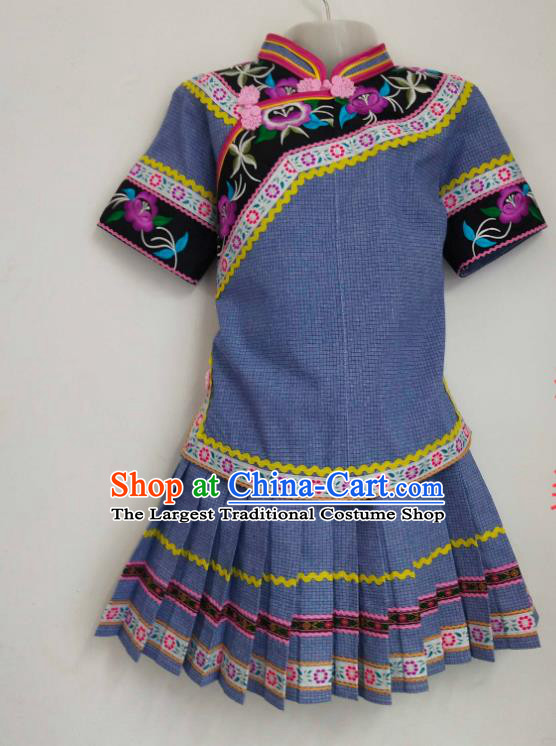 China Traditional Puyi Ethnic Children Dance Clothing Bouyei Nationality Girl Outfits Blouse and Skirt