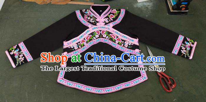 Chinese Traditional Bouyei Nationality Embroidered Black Blouse and Pants Suits Guizhou Ethnic Folk Dance Clothing