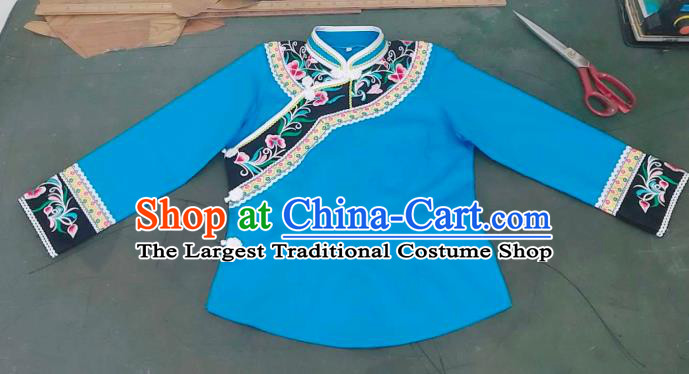 Chinese Bouyei Nationality Blue Blouse Woman Top Garment Guizhou Minority Ethnic Embroidered Shirt Clothing