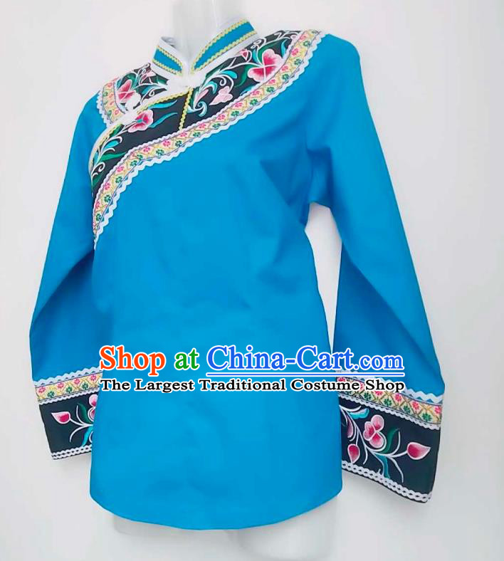 Chinese Bouyei Nationality Blue Blouse Woman Top Garment Guizhou Minority Ethnic Embroidered Shirt Clothing