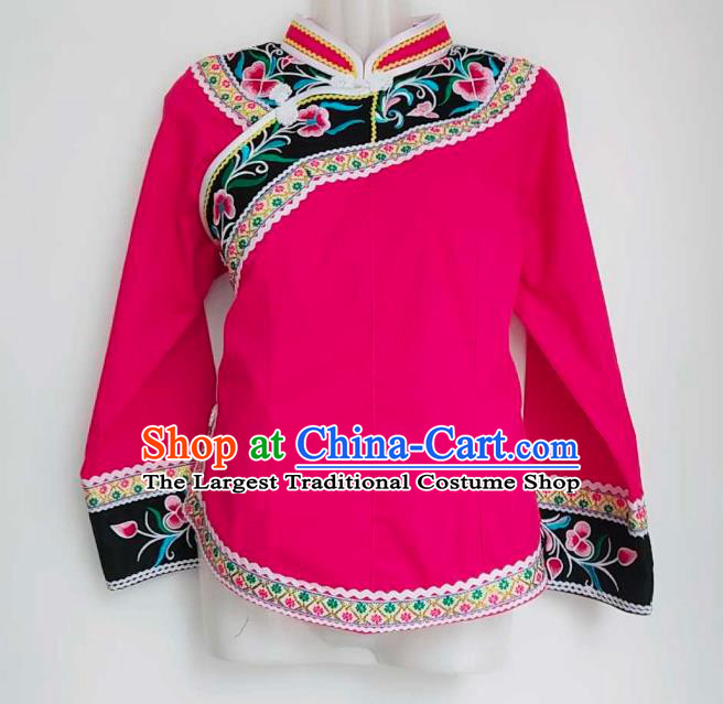 Chinese Traditional Guizhou Ethnic Folk Dance Suits Clothing Bouyei Nationality Embroidered Rosy Blouse and Skirt