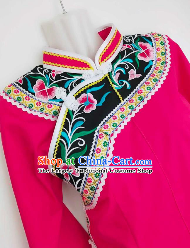 Chinese Traditional Guizhou Ethnic Folk Dance Suits Clothing Bouyei Nationality Embroidered Rosy Blouse and Skirt