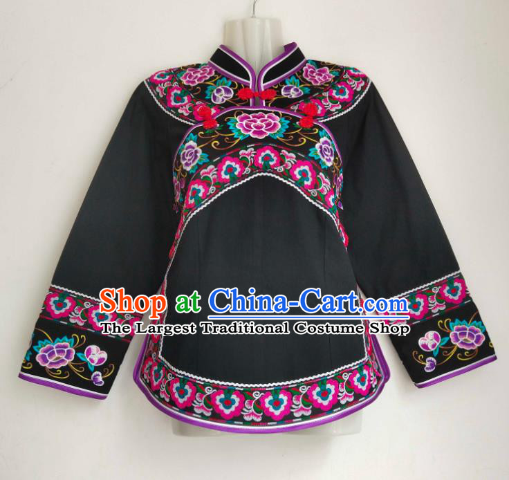 Chinese Ethnic Folk Dance Embroidered Shirt Clothing Bouyei Nationality Black Blouse Guizhou Minority Woman Top Garment