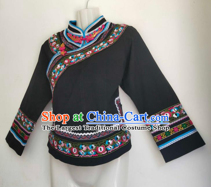 Chinese Guangxi Minority Woman Top Garment Ethnic Folk Dance Embroidered Shirt Clothing Zhuang Nationality Black Blouse