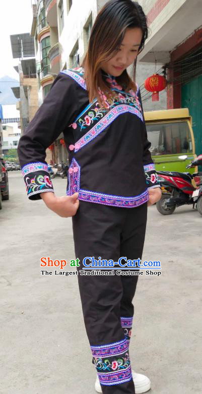Chinese Guangxi Ethnic Female Clothing Traditional Zhuang Nationality Dance Embroidered Black Blouse and Pants Suits