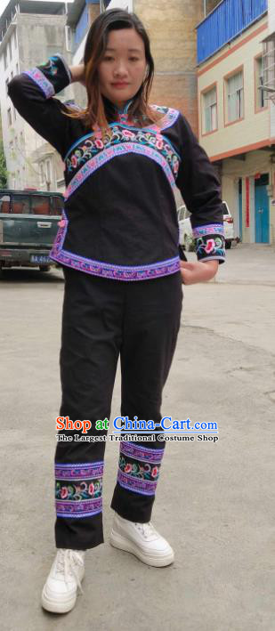Chinese Guangxi Ethnic Female Clothing Traditional Zhuang Nationality Dance Embroidered Black Blouse and Pants Suits