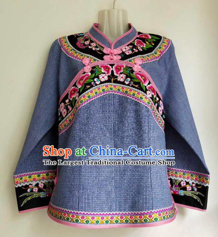 Chinese Bouyei Nationality Folk Dance Blouse Embroidered Blue Top Garment Guizhou Ethnic Female Clothing
